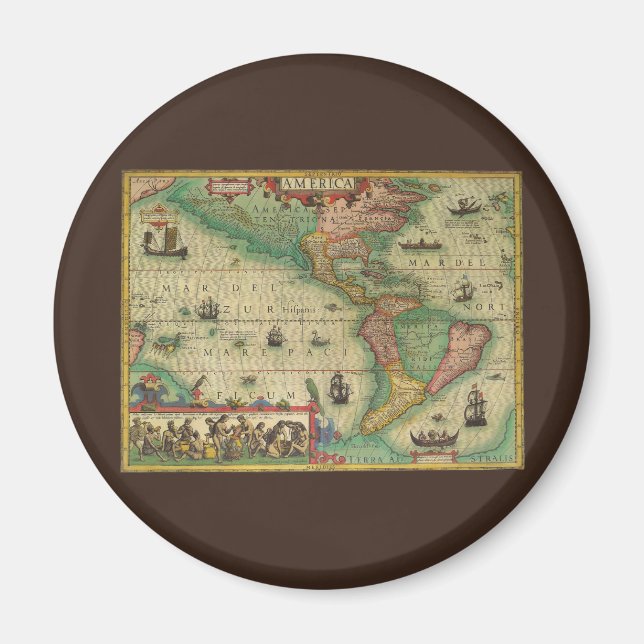 Antike Weltkarte von Amerika, 1606 Magnet (Vorne)