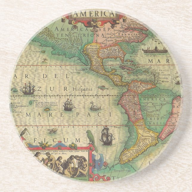 Antike Weltkarte von Amerika, 1606 Sandstein Untersetzer (Vorne)