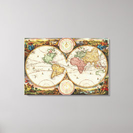Antike Weltkarte Zwei Hemisphären seltene Vintage  Leinwanddruck