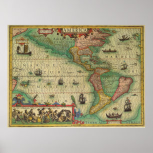 Antike Welts-Karte des Amerikas, 1606 Poster