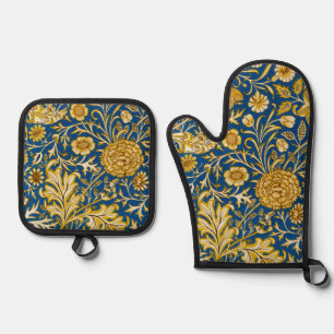 Antike William Morris Cherwell Blue Blumenkunst Ofenhandschuh & Topflappen-Set