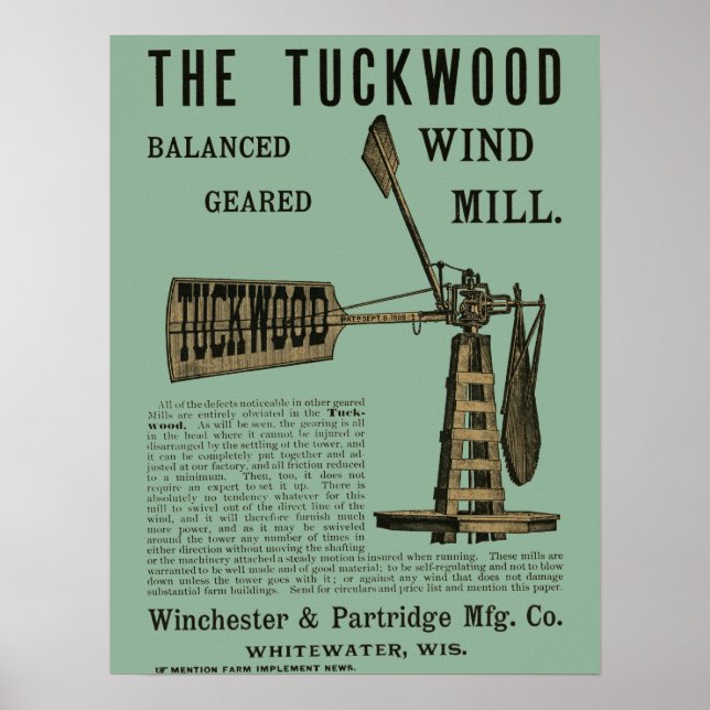 Antike Windmühle Das Tuckwood Whitewater Wis 1889 Poster (Vorne)