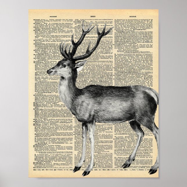 Antike Wörterbuchseite mit Hirsch Poster (Vorne)