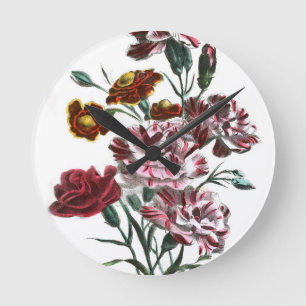 Antike Zeichnung: Flämische rosa Blumen Runde Wanduhr