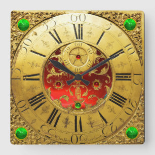 Antike Zeit, Kleeblätter, Ruby-Edelsteine, Gelb Quadratische Wanduhr