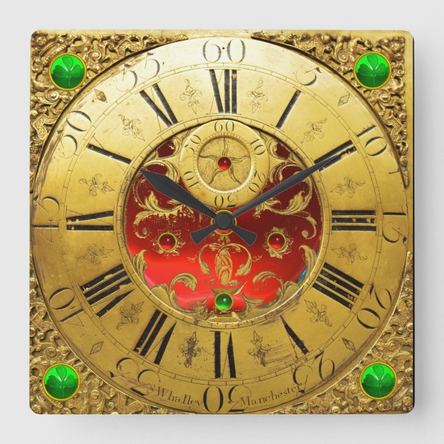 Antike Zeit, Kleeblätter, Ruby-Edelsteine, Gelb Quadratische Wanduhr (Vorderseite)