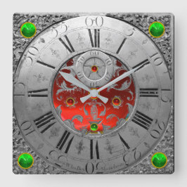 Antike Zeit, Kleeblätter, Ruby Gemstones Silber Quadratische Wanduhr