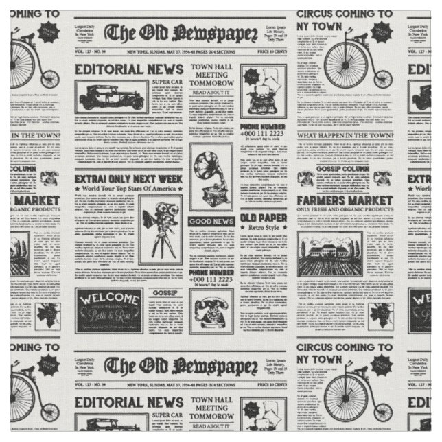 Antike Zeitung 1920 Flapper Vintag Schwarz-weiß Stoff (Nahaufnahme)