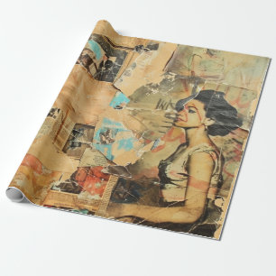 Antike Zeitung Frauen Sepia Blau Retro Geschenkpapier