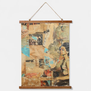 Antike Zeitung Frauen Sepia Blau Retro Wandteppich Mit Holzrahmen