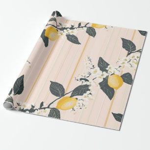 Antike Zitronen & Blüten auf rosa Streifen Geschenkpapier