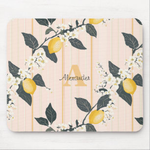 Antike Zitronen & Blüten auf rosa Streifen Mousepad