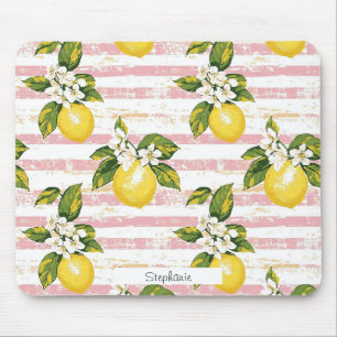Antike Zitronen & Blüten auf rosa und weißen Strei Mousepad
