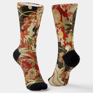 ANTIKEN JAPANISCHE BLUMEN Rot Grün Schwarz Floral Socken