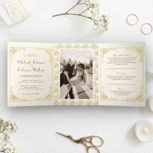 Antiker Art Deco Stil Elfenbein und Gold Hochzeit Dreifach Gefaltete Einladung