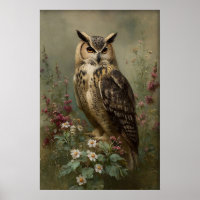 Antiker Blumen-Eulen-Druck, melancholischer Vogel-