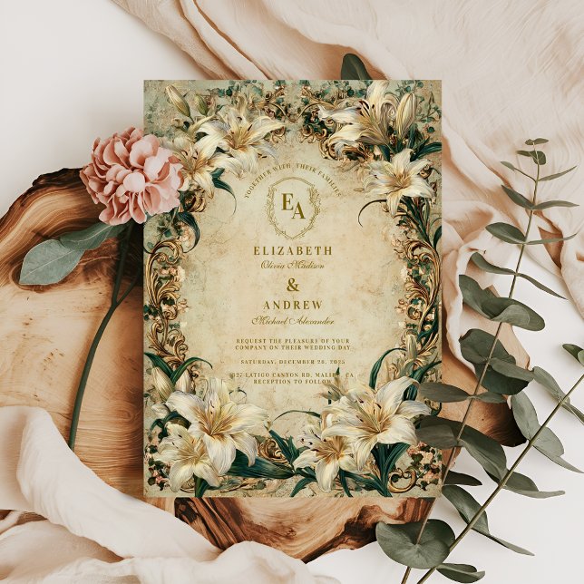 Antiker Blumenrahmen Elfenbeinlilie Hochzeit Einladung (Von Creator hochgeladen)