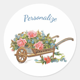Antiker Blumenwagen Rosen & Blaue Blumen Runder Aufkleber