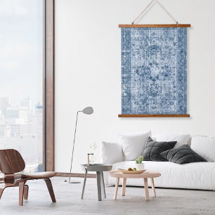 Antiker Boho-Indigo-Distressed-Blumen-Perserteppic Wandteppich Mit Holzrahmen