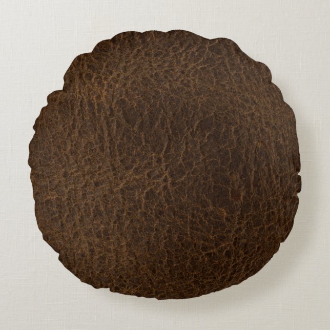 Antiker Brown-Leder-Blick-rundes Kissen (Vorderseite)