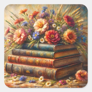Antiker Bücherstapel mit floraler Kunst Quadratischer Aufkleber