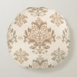 Antiker Damast Elegantes Beige Französischer Landh Rundes Kissen
