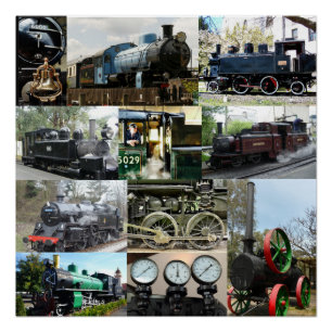 Antiker Dampf-Motor-sich fortbewegende Zug-Collage Poster