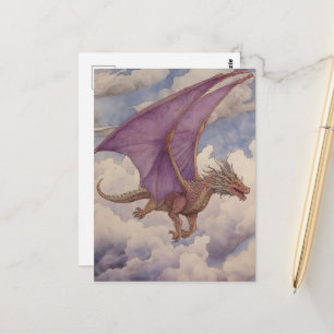 Antiker Drache Lila Flügel Aquarell in Wolken Postkarte