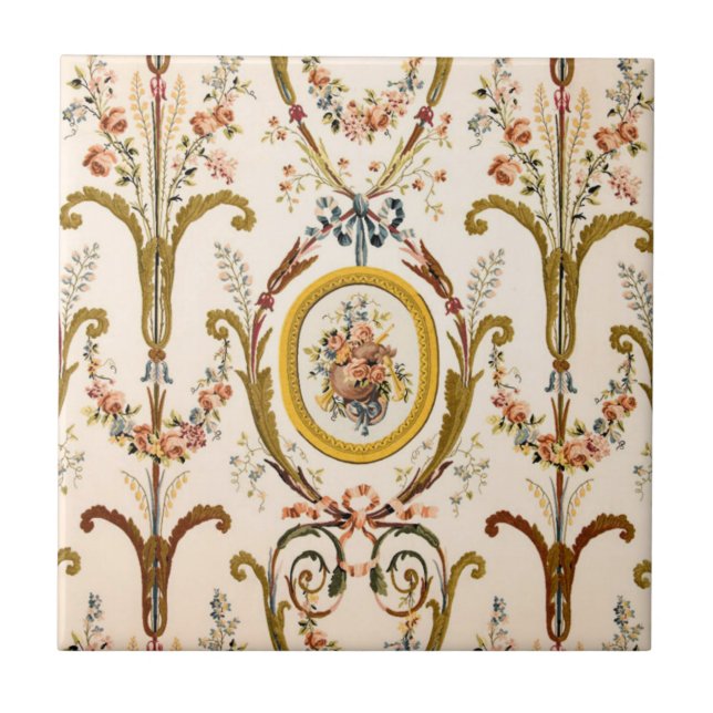 Antiker französischer Rokoko Flora Goldmedaille Fliese (Vorderseite)