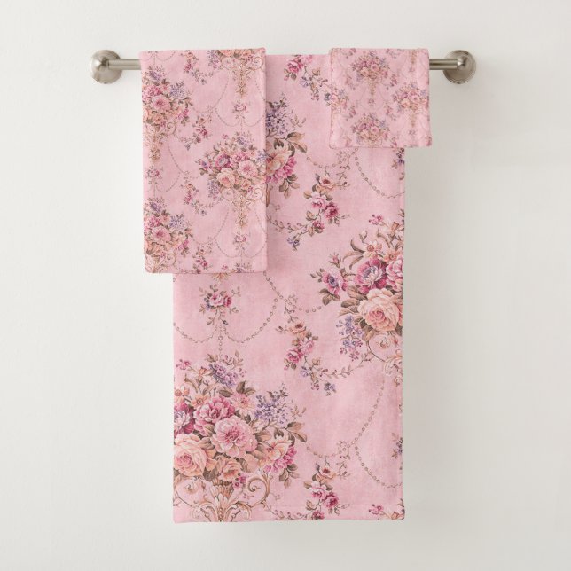 Antiker französischer Rosa Viktorianischer Blumens Badhandtuch Set (Insitu)