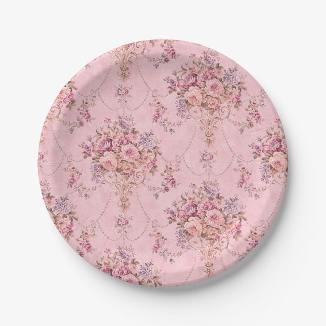Antiker französischer Rosa Viktorianischer Blumens Pappteller (Vorderseite)