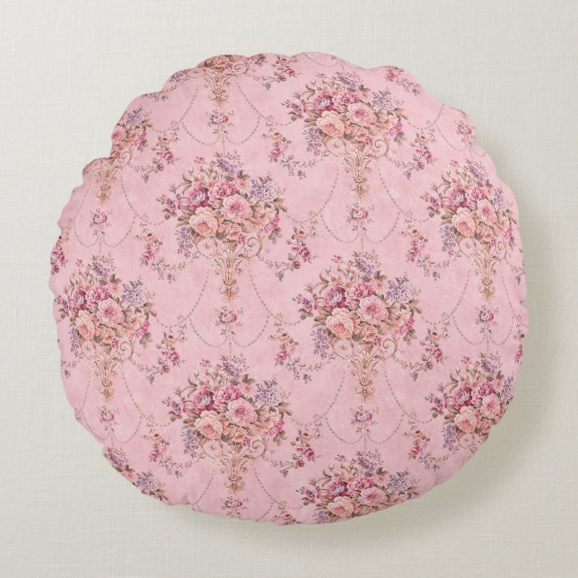 Antiker französischer Rosa Viktorianischer Blumens Rundes Kissen (Vorderseite)