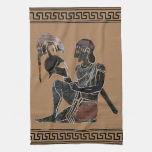 Antiker griechischer Hoffliter, der seinen Helm an Geschirrtuch
