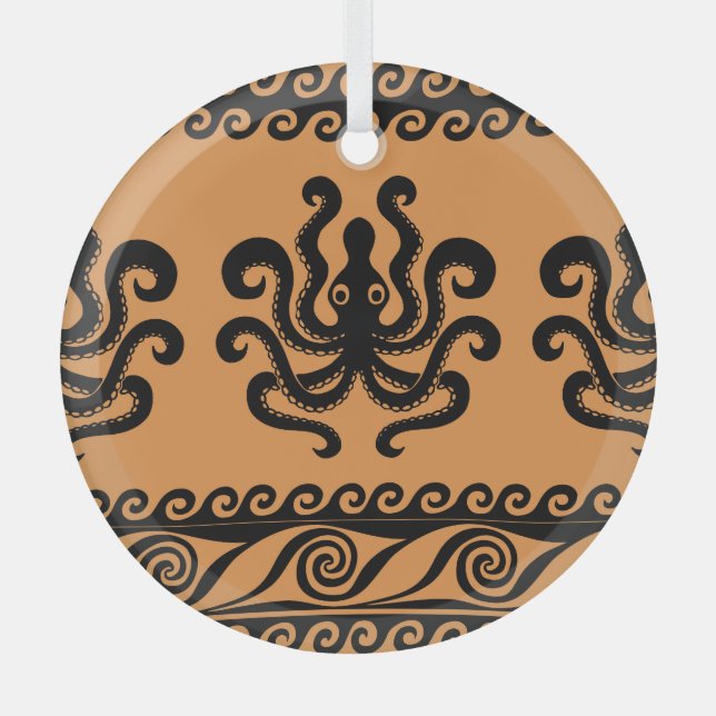 Antiker griechischer Oktopus, Wellenmuster Ornament Aus Glas (Vorderseite)