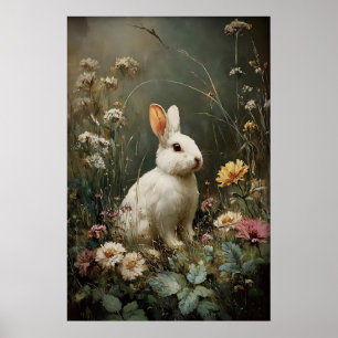 Antiker Hasen-Blumen-Druck, Kaninchen-Farmhaus Poster