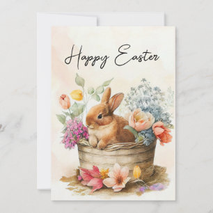 Antiker Hasenkorb mit Blumen Frohe Ostern Feiertagskarte