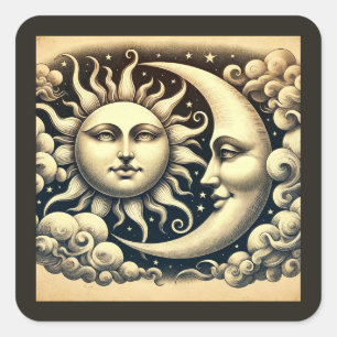 Antiker Himmel mit Sonne und Mond Quadratischer Aufkleber