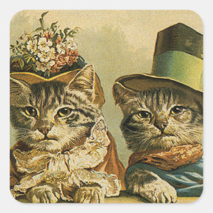 Antiker Humor, viktorianische Braut Bräutigam Katz Quadratischer Aufkleber