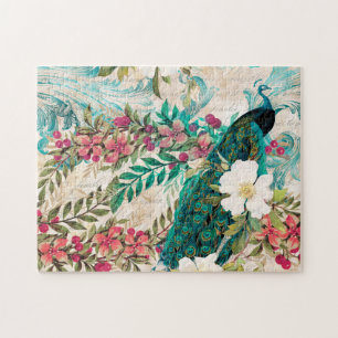 Antiker Illustrierter Pfau & Blume Grunge