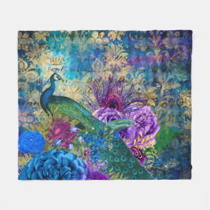 Antiker Illustrierter Pfau & Blume Grunge Fleecedecke