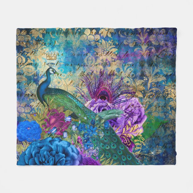 Antiker Illustrierter Pfau & Blume Grunge Fleecedecke (Vorderseite (Horizontal))