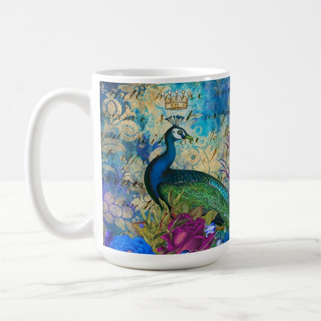 Antiker Illustrierter Pfau & Blume Grunge Kaffeetasse (Links)