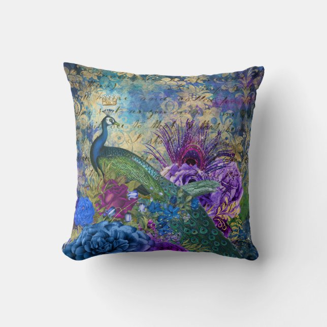 Antiker Illustrierter Pfau & Blume Grunge Kissen (Vorderseite)