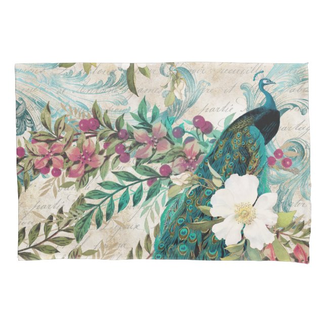 Antiker Illustrierter Pfau & Blume Grunge Kissenbezug (Vorderseite)