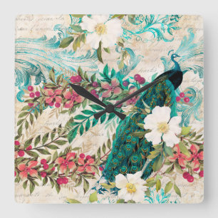Antiker Illustrierter Pfau & Blume Grunge Quadratische Wanduhr