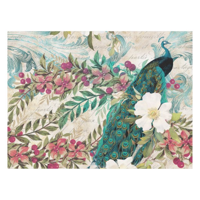 Antiker Illustrierter Pfau & Blume Grunge Tischdecke (Vorderseite (Horizontal))