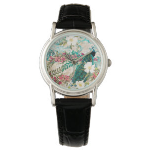 Antiker illustrierter Pfau & Blumen Armbanduhr