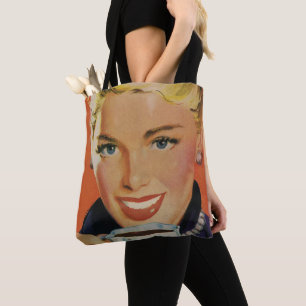 Antiker Kaffee, glückliche Frau mit retro-Kaffeeta Tasche