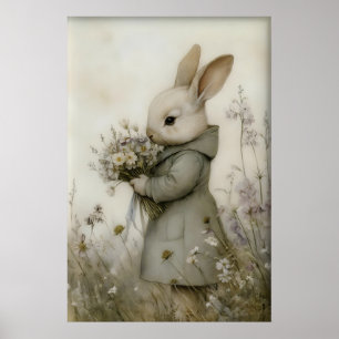 Antiker Kaninchen-Blumen-Druck, Osterhase Poster
