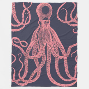 Antiker Krake Pink auf Blau Fleecedecke